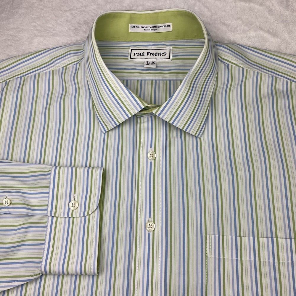 Paul Fredrick Dress Shirt Mens 18.5-35 Blue/Green Stripes Non Iron